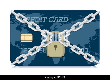 Vettore carta di credito bloccato con un lucchetto e la catena. Illustrazione circa il denaro elettronico del sistema di sicurezza. Illustrazione Vettoriale