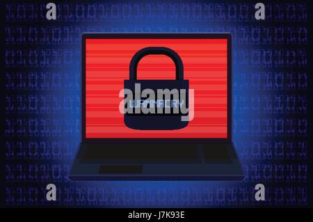 Laptop mostra master key icona sullo schermo su sfondo blu nel computer codice tema. Illustrazione circa ransomware chiamato WannaCry. Illustrazione Vettoriale