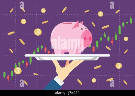 Azienda salvadanaio in argento vassoio sul grafico azionario sfondo. Illustrazione Vettoriale