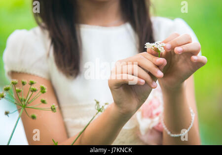 Little Girl holding e giocare con un fiore nel campo. Foto Stock