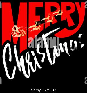 Silhouette con la slitta di Babbo Natale e le renne. Buon Natale moderno manoscritta pennello asciutto lettering. Iscrizione del vettore. Illustrazione Vettoriale