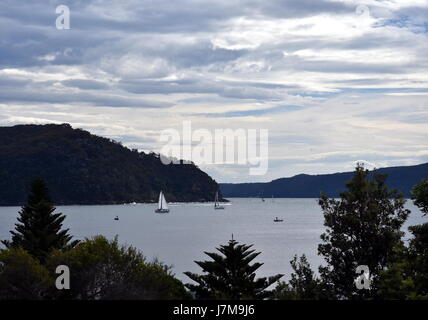 Testa di West lookout sull'altro lato della baia. Yach vela sull'acqua. Vista da Palm Beach. Foto Stock