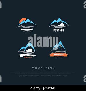 Serie di alte montagne icone vettoriali. viaggi e arrampicate su roccia concetto logo. Paesaggio delle alpi segno. mountain valley logotipo. extreme escursionismo simbolo. campi Illustrazione Vettoriale