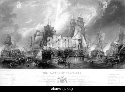 Questa incisione raffigura la battaglia di Trafalgar, una significativa battaglia navale combattuta nel 1805 tra la Royal Navy britannica e le flotte combinate di Francia e Spagna. L'incisione è di William Miller, basata su un progetto di C. Stanfield. Foto Stock