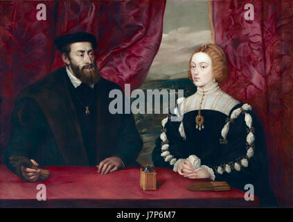 Questo dipinto di Pietro Paolo Rubens raffigura Carlo V, imperatore del Sacro Romano Impero, e sua moglie, l'imperatrice Isabella del Portogallo. Le opere d'arte riflettono il potere reale e la grandezza del XVI secolo. Foto Stock