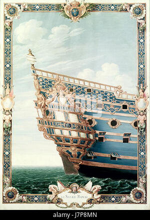 La poppa della Soleil Royal, una rinomata nave da guerra francese del XVII secolo, è mostrata in una rappresentazione dettagliata. La nave, famosa per il suo ruolo nelle battaglie navali, presenta intricati elementi di design tipici dell'epoca, tra cui grandi incisioni ornamentali e una grande poppa. L'immagine mette in risalto l'artigianato della costruzione navale francese durante il periodo. Foto Stock