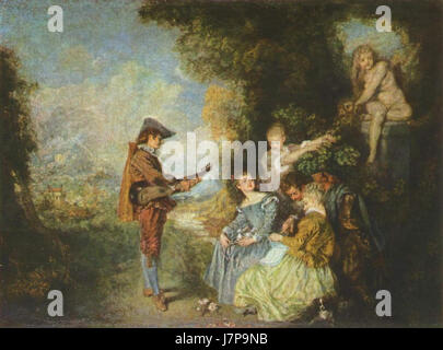 Questa immagine presenta un'opera di Antoine Watteau, un artista rococò francese noto per le sue delicate e dettagliate raffigurazioni della vita aristocratica e delle scene teatrali, catturando un momento di eleganza nella Francia del XVIII secolo. Foto Stock