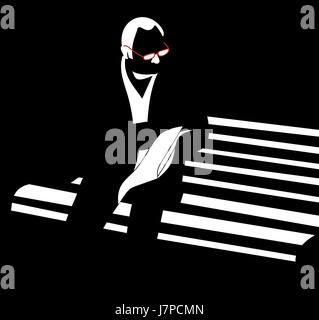 Uomo con occhiali lettura giornale seduta sul banco la silhouette di vettore Illustrazione Vettoriale