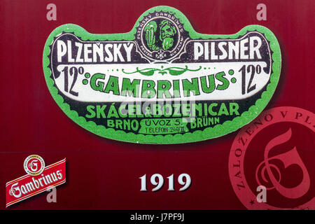 La storia del marchio di fabbrica di birra di Pilsen Gambrinus, Logo, dal 1919, Plzen, Boemia occidentale, Repubblica Ceca, Europ Foto Stock