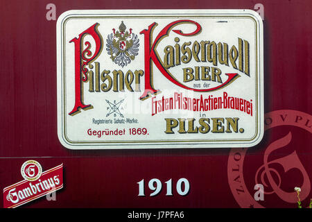 La storia del marchio di fabbrica di birra di Pilsen Gambrinus, Logo, dal 1910, Plzen, Boemia occidentale, Repubblica Ceca, Europ Foto Stock