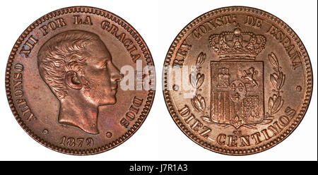 Questa voce si riferisce a una moneta da 10 centimos del 1879, emessa in un paese alla fine del XIX secolo. Ha un significato storico e culturale, fornendo una visione del sistema monetario dell'epoca e delle condizioni economiche dell'epoca. Foto Stock