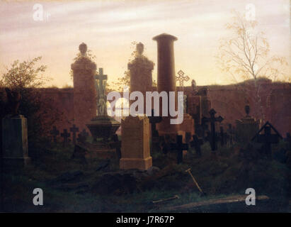 Caspar David Friedrich (1774–1840) è stato un pittore tedesco di paesaggi romantici noto per le sue rappresentazioni drammatiche e atmosferiche della natura. Il suo lavoro, spesso incentrato su temi di solitudine e sublime, cattura la vastità della natura con profondità emotiva. Foto Stock