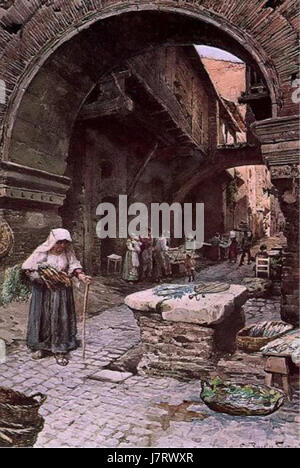 Questo si riferisce a una casa medievale presso il Portico dâ€™Ottavia a Roma, illustrata da Roesler Franz. La casa riflette il significato storico e architettonico delle antiche strutture di Romeâ, in particolare durante il periodo medievale. Foto Stock