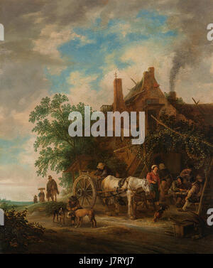 Boerenherberg met paard en wagen, un dipinto ospitato nel Rijksmuseum, raffigura una locanda rurale con un carro trainato da cavalli. Le opere d'arte mostrano la vita rurale olandese nel XIX secolo. Foto Stock