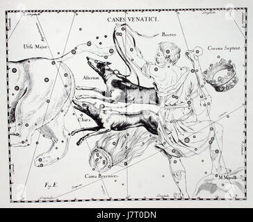 Canes Venatici è una costellazione introdotta da Johannes Hevelius nel XVII secolo. In latino significa "cani da caccia" e raffigura i cani del mitologico cacciatore Actaeone. Questa costellazione si trova nell'emisfero settentrionale e contiene diversi oggetti notevoli del cielo profondo, tra cui galassie e ammassi stellari, il che la rende interessante per gli studi astronomici. Foto Stock