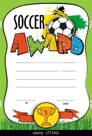 Template vettoriale certificato campionato di calcio. bambino diploma per essere assegnati ai vincitori, giocatori il miglior portiere o pullman in un campo di calcio Illustrazione Vettoriale