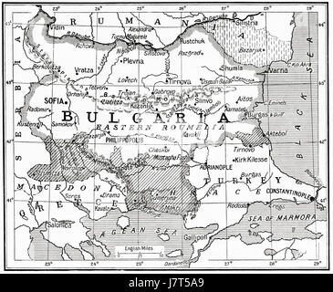 Mappa di Bulgaria allo scoppio della prima guerra mondiale. Da Hutchinson nella storia delle nazioni, pubblicato 1915. Foto Stock