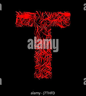 Lettera T rosso fibra artistico stile mesh isolati su sfondo nero Foto Stock