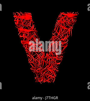 Lettera V rosso fibra artistico stile mesh isolati su sfondo nero Foto Stock