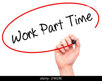 Man mano che scrive il lavoro a tempo parziale con il pennarello nero su schermo visivo. Isolato su bianco. Business, tecnologia internet concetto. Stock Photo Foto Stock