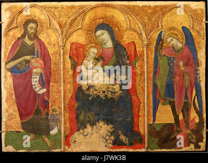 Questa opera d'arte di Barnaba da Modena raffigura la Vergine Maria con Gesù bambino, mostrando l'uso da parte dell'artista di colori ricchi e dettagli intricati nella rappresentazione di figure religiose. Foto Stock