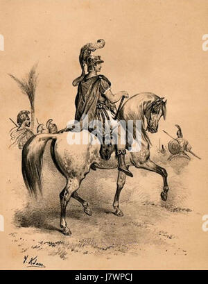 Questa opera d'arte, creata da Victor Adam nel 1859, raffigura Alessandro Magno in sella al suo famoso cavallo Bucefalo. L'illustrazione, stampata in due tonalità da Lemercier a Parigi, mostra un momento cruciale della storia antica. Foto Stock