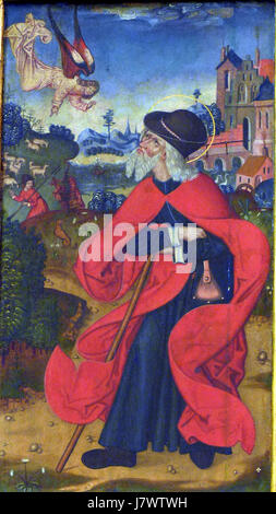 L'Annunciazione a Gioacchino è un'opera d'arte del 1520 che raffigura una scena biblica, evidenziando il momento in cui l'Arcangelo Gabriele annuncia a Gioacchino che sua moglie Anna concepirà Maria. Questo evento rappresenta una parte significativa dell'iconografia cristiana, che rappresenta l'intervento divino e l'annuncio della nascita della Vergine Maria. L'opera d'arte è associata a una basilica di Dobre Miasto, che riflette l'arte religiosa dei primi anni del XVI secolo. Foto Stock