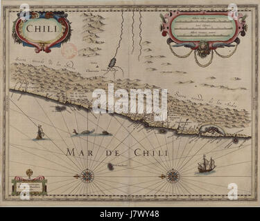 La mappa intitolata *Chili 1640-1649* di Henricus Hondius raffigura la regione del Cile durante il XVII secolo, fornendo una vista cartografica storica dell'area e dei suoi confini durante quel periodo di tempo. Foto Stock