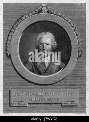Bernhard Christoph Breitkopf è stato un editore musicale e tipografo tedesco, noto per i suoi significativi contributi all'editoria musicale nel XVIII secolo. Ha fondato la casa editrice Breitkopf & HÃ¤rtel, che ha svolto un ruolo chiave nella distribuzione della musica classica, lavorando con compositori famosi come Bach e Haydn. Foto Stock