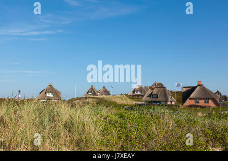 Tetto di Paglia estate case nelle dune di Hörnum, Sylt. Faro in background. Foto Stock