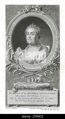 Un'incisione di Caterina II, l'imperatrice di Russia, su un dipinto di Vigilio Erichsen. Questo lavoro raffigura il leader di spicco, noto per il suo ruolo significativo nella storia russa e per i suoi contributi alla cultura e alla politica russa. Foto Stock
