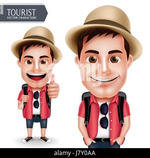 Tourist Traveler uomo carattere vettoriale indossa casual con zaino per viaggi e escursioni isolato in uno sfondo bianco. Vettore di set di caratteri Illustrazione Vettoriale