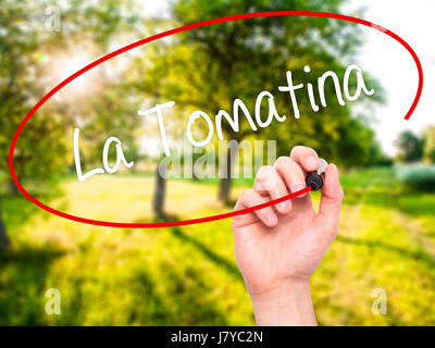 Man mano che scrive La Tomatina con pennarello nero su schermo visivo. Isolato sulla natura. Business, tecnologia internet concetto. Foto Stock