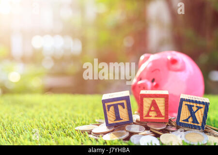 Tassa write in alfabeto colore scatola di legno sulla pila di Thai baht coin e rosa salvadanaio con diritto di spazio libero per il testo. Per il momento di pagare le tasse del concetto. Shot Foto Stock