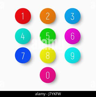 Serie di numeri da 1 a 9 su un round pulsante multicolore con un'ombra. Modello per la calcolatrice o la composizione. Illustrazione Vettoriale