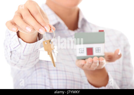 Donna house building dito mano modello isolato il progetto di piano di concetto Foto Stock