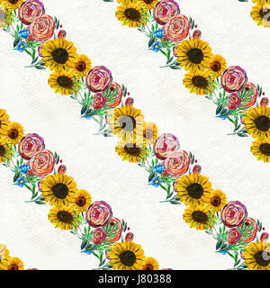 Modello senza soluzione di continuità con i girasoli e le rose rosa. Floral background ad acquerello. Foto Stock