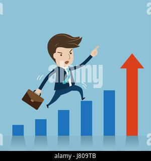 Imprenditore saltando su grafico crescente. vettore di cartoni animati per la crescita del business del concetto. Illustrazione Vettoriale