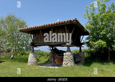 Horreo tradizionale Asturias granaio arroccato su scogliere che domina l'Atlantico a Cadavedo, Asturie, Spagna. Spagna costa settentrionale spagna agricoltura Foto Stock