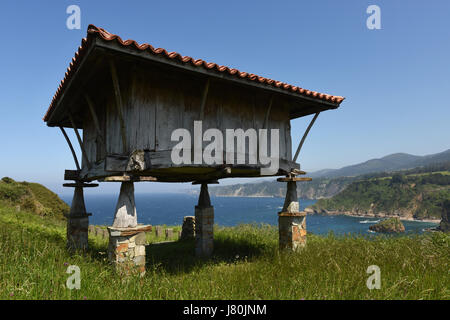 Horreo tradizionale Asturias granaio arroccato su scogliere che domina l'Atlantico a Cadavedo, Asturie, Spagna. Spagna costa settentrionale spagna agricoltura Foto Stock