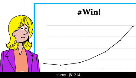 Business cartoon illustrazione che mostra un aumento delle vendite e '#vincere!". Foto Stock