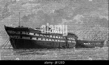 Il vaiolo le carcasse ex Royal Navy navi HMS Atlas a sinistra e HMS Endimione a Deptford Creek, Kent, come navi ospedale di proprietà del Metropolitan manicomi Board nel 1882. L'atlante è stato riservato per i casi di vaiolo. Foto Stock