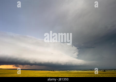 Nube di scaffale ominosa davanti a una tempesta di supercelle al tramonto vicino a Leedey, Oklahoma Foto Stock