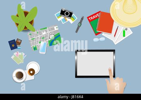 Vista superiore del piano di lavoro sul quale la pianificazione della vacanza ha bisogno sono distribuiti. Posto libero per il tuo testo è il bianco tablet schermo. Illustrazione Vettoriale
