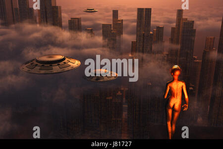 Una città futuristica o sulla terra o un pianeta alieno. Foto Stock