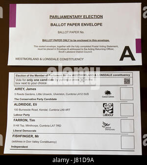 Cumbria, Regno Unito. 26 Maggio, 2017. Il villaggio di Windermere Lake District Cumbria. Postal schede elettorali arrivano nel post per la TIm Farrons (leader del partito liberale) circoscrizione di Westmorland & Lonsdale dove anche in piedi è il signor FISHFINGER Credito: Gordon Shoosmith/Alamy Live News Foto Stock