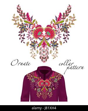 Vettore di ricamo fiori etnici modello di collo. Fiore di arancia grafica design moda indossando Illustrazione Vettoriale