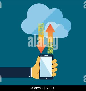 Uno stile piatto il cloud computing e la tecnologia di comunicazione concetto con il telefono cellulare Illustrazione Vettoriale