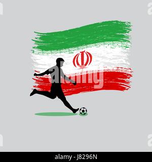 Giocatore di calcio azione con la Repubblica islamica dell Iran bandiera sullo sfondo Illustrazione Vettoriale