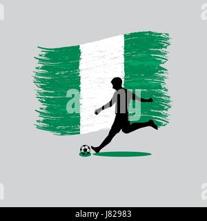 Giocatore di calcio azione con la Repubblica federale di Nigeria sullo sfondo Illustrazione Vettoriale